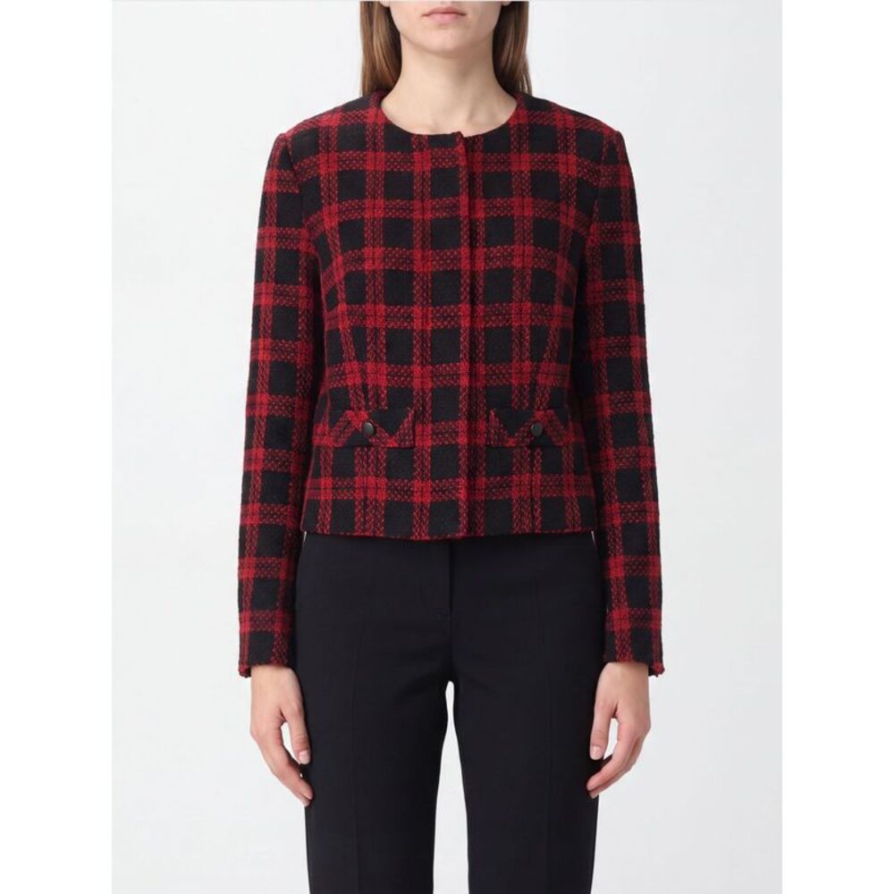 Pinko Women Pinko Slim Fit Cropped Check Wool Tweed Jacket With Crew Neck